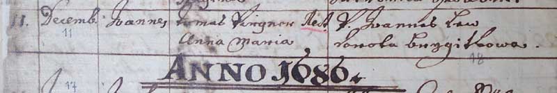 Zpis o narozen syna Jana z 11.12.1685